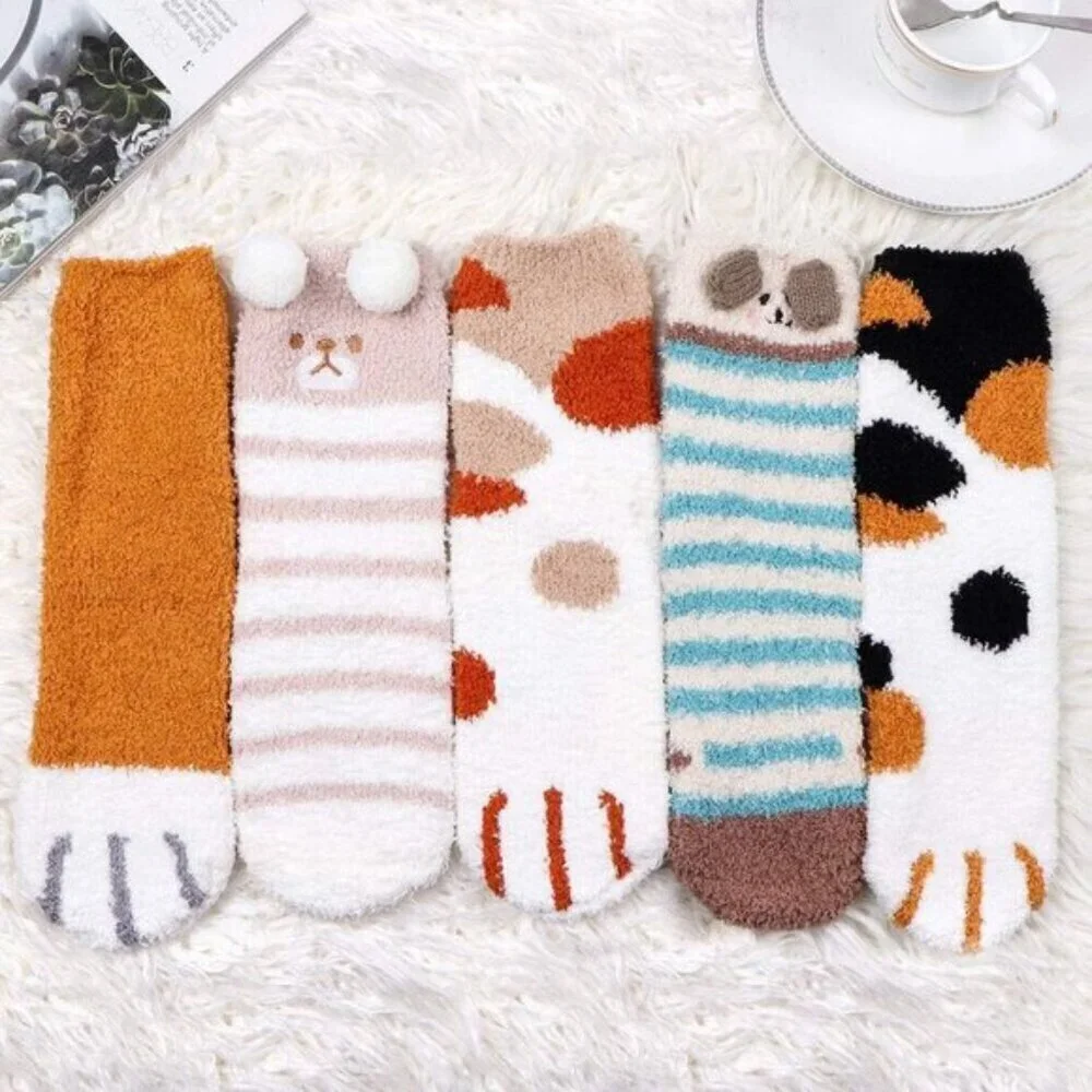 Women’s Plush Slipper Socks 5-Pair Warm Fuzzy Cozy Cat Dog Paw Size 6-10